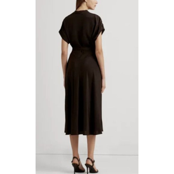 Ralph Lauren Midi Dress 2 Silky Brown Short Sleeve Belted Career Washable - Picture 2 of 10